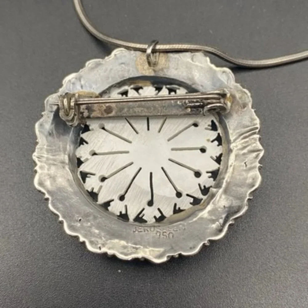 Vtg 950 Sterling Silver MOP Brooch Pendant Necklace Intricate Jerusalem 18” 14g - Picture 4 of 11